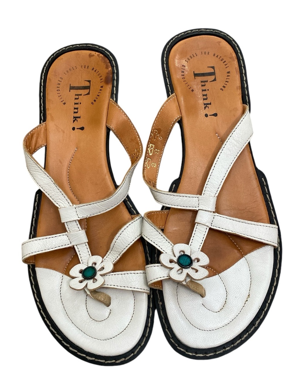 Boho 90s Think! White Leather Flower-Accent Women's Sandals